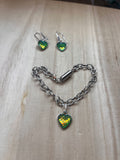 Glow Green Iridescent Heartbeat Silver Bracelet & Earring Set
