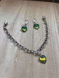Glow Green Iridescent Heartbeat Silver Bracelet & Earring Set
