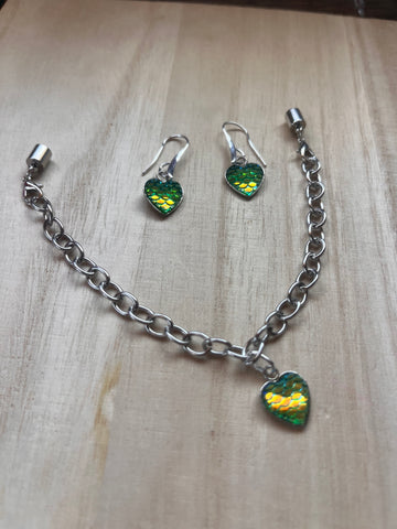 Glow Green Iridescent Heartbeat Silver Bracelet & Earring Set