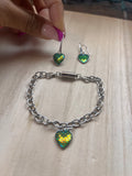 Glow Green Iridescent Heartbeat Silver Bracelet & Earring Set